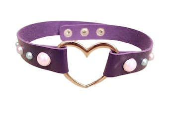 Purple Heart and Pearls Choker, Cosplay Adjustable Luxury Leather Heart Collar