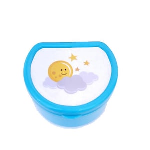 May include: A light blue plastic container with a white lid. The lid has a design of a yellow moon with a smiling face, a white cloud, and five gold stars.