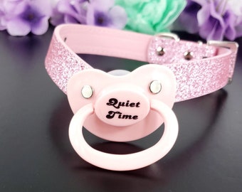 Quiet Time DDLG Pacifier Gag - Adult Pacifier Gag- Pink Glitter ABDL Restraints Gag - Adult Baby Age Play Pacifier Gag - Mature Dummy Gag