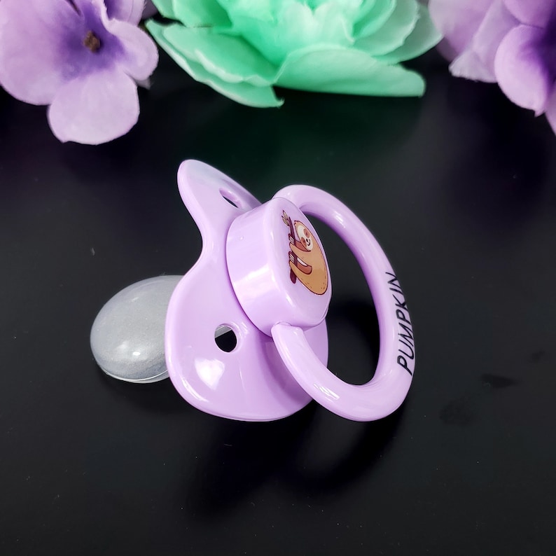 May include: A purple pacifier with a sloth design and the word "PUMPKIN" printed on the side.