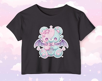 Kawaii Crop Top - Little Space Punk Bear Top - Pastel Festival Clothing - Women's Anime Shirt - Soft Grunge Tee