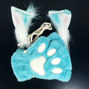 Cosplay Ears and Paws Set - Teal Pet Play Ears Headband and Paw Gloves