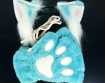 Cosplay Ears and Paws Set - Teal Pet Play Ears Headband and Paw Gloves