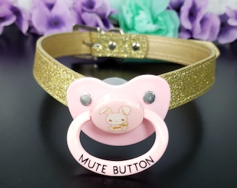 Adult Pacifier Gag - Mute Button Bunny Pacifier Gag - Gold Glitter Plus Size ABDL Gag - DDLG Pacifier Gag - Adult Baby Age Play Pacifier Gag