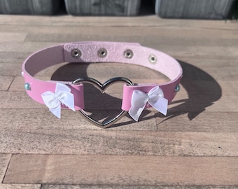 Pink Pet Play Collar - Heart Choker Necklace - Kitten Pet Play Choker