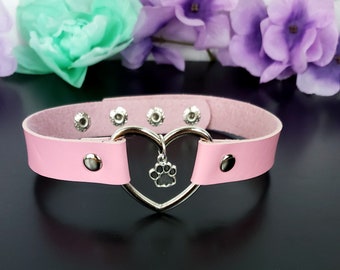 Paw Pet Play Collar - Heart Choker Necklace - Kitten Pet Play Choker