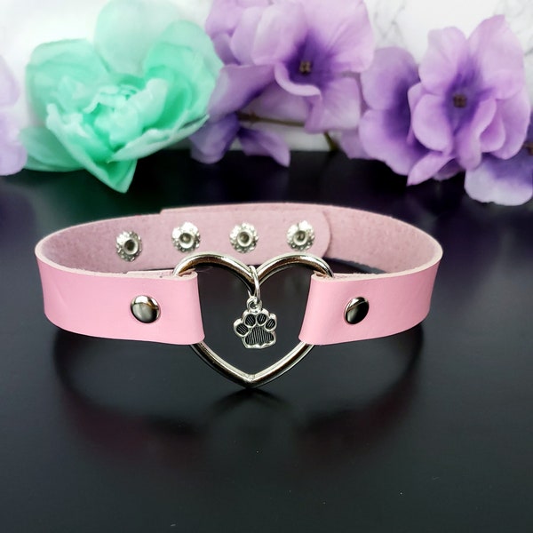 Paw Pet Play Collar - Heart Choker Necklace - Kitten Pet Play Choker