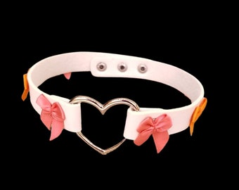 White Heart Choker, Adjustable Pet Play Heart Collar, Sexy Soft PU Leather Collar