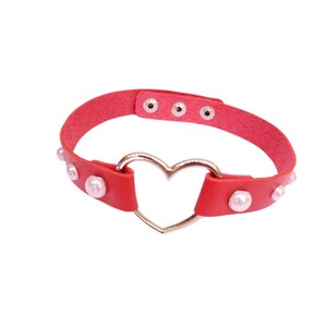 Red Heart Choker Necklace - Day Collar - Adjustable Pet Play Heart Collar - Sexy Soft PU Leather  Submissive Collar