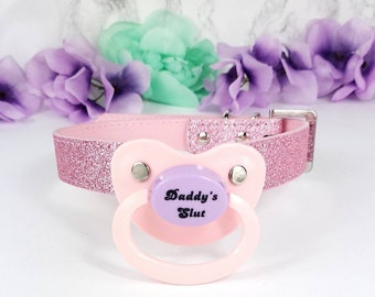 Daddy's Slut Adult Pacifier with Strap - Glitter ABDL Adult Pacifier Gag - Pink DDLG Adult Pacifier - Adult Baby Age Play Adult Pacifier