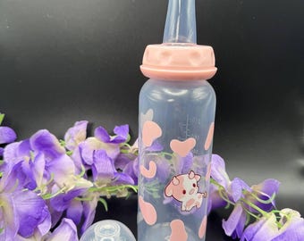 ABDL Adult Baby Bottle - Lil Moo Pink Cow Themed - Large Teat Baby Bottle - Strawberry Cow Little Space Accessories