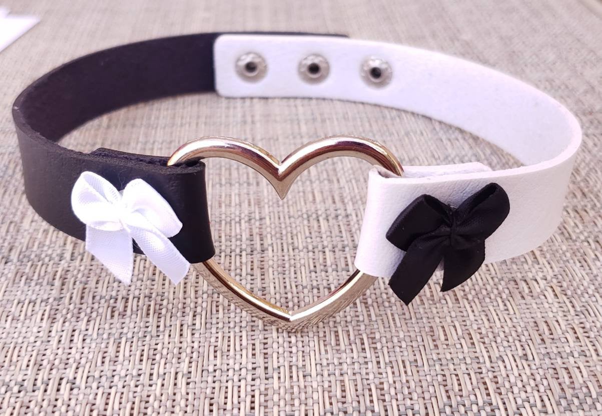 Two Toned Black and White Heart Choker, Adjustable Faux Leather Heart Collar