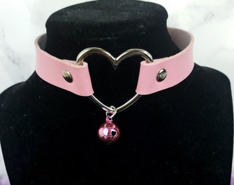 Bell Pet Play Collar - Heart Choker Necklace - Kitten Pet Play Choker