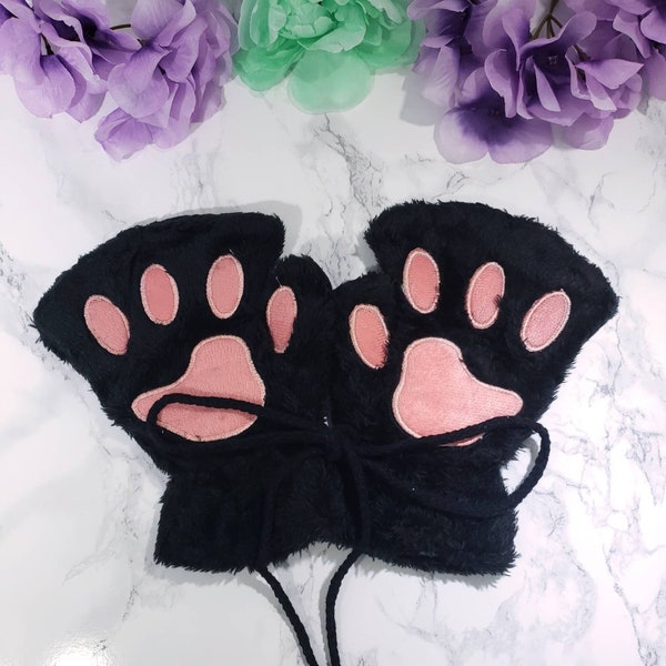 Black Pet Play Fingerless Gloves - Animal Paw Gloves - Cosplay Paws