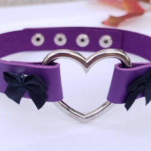 Purple Heart Choker - Pet Play Collar - Discreet Adjustable Faux Leather Heart Collar