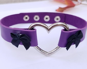 Purple Heart Choker - Pet Play Collar - Discreet Adjustable Faux Leather Heart Collar