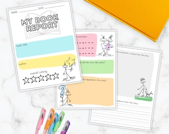 May include: A collection of printable book report pages with colorful sections for title, author, and rating. The pages feature stick figure illustrations and the text "MY BOOK REPORT". A yellow book and colorful pens are also visible.