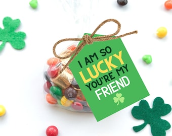 May include: A green gift tag with the text "I am so lucky you're my friend" in black and yellow lettering. A shamrock is in the bottom right corner of the tag. The tag is tied with twine to a clear plastic bag filled with colorful candies.