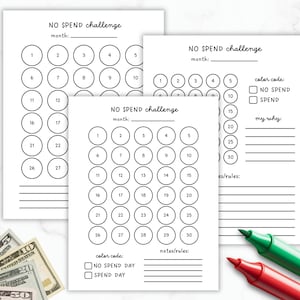 Peut inclure: Trois feuilles blanches imprimables "NO $PEND challenge" avec du texte noir et des cercles numérotés pour suivre les dépenses. Comprend des sections pour les codes de couleur, les notes et une section "my why". Des marqueurs verts et rouges sont dans l'image.