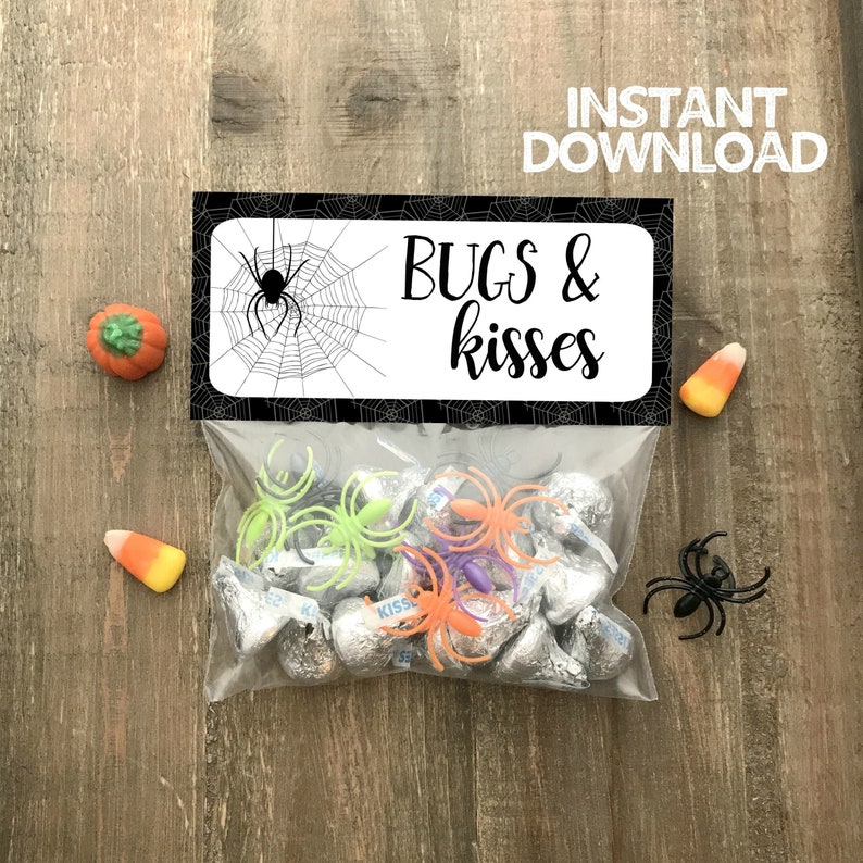 May include: A black and white printable Halloween treat bag label with a spider web and spider graphic. The label says "Bugs & Kisses".