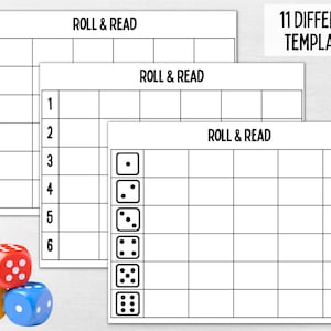 May include: Three dice in red, yellow, and blue are in front of three white templates with the text "ROLL & READ". The templates have numbered columns and rows. The text "11 DIFFERENT TEMPLATES" is in the upper right corner.