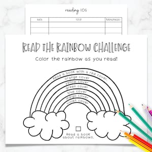 May include: A white printable reading log with the text "reading log" at the top. Below is a "Read the Rainbow Challenge" sheet with a rainbow outline and instructions to color it as books are read. Colored pencils are in the bottom right corner.