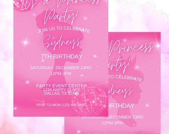 Pink Princess Birthday Invitation: Disco Party Theme (Digital Download)