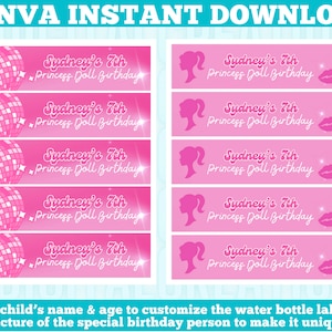 May include: Printable water bottle labels with a pink and white disco ball design. The labels feature the text "Sydney's 7th Princess Doll Birthday".