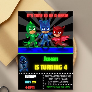 Zaproszenie na urodziny PJ Masks, cyfrowe zaproszenie na imprezę, pierwsze urodziny, zaproszenie PJ Masks, PJ Masks, natychmiastowe pobranie