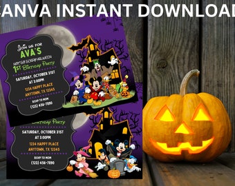 May include: A purple and black Halloween party invitation with a cartoon image of Mickey Mouse and friends in front of a haunted house. The invitation says "Join us for Ava's Not So Scary Halloween 1st Birthday Party" with the date, time, and location.