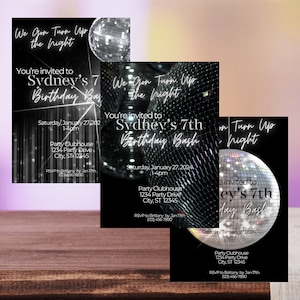 May include: Black and white party invitation with a disco ball graphic. The invitation is for Sydney's 7th Birthday Bash on Saturday, January 27, 2024 at 1:4pm. The party will be held at Party Clubhouse, 1234 Party Drive, City, ST 12345. RSVP to Brittany by January 17th at (123) 456-7890.
