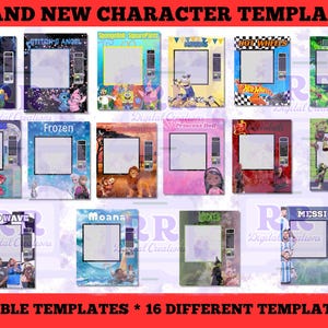 Könnte beinhalten: Ein Satz von 16 druckbaren Charaktervorlagen zum Erstellen von benutzerdefinierten Designs. Die Vorlagen zeigen beliebte Charaktere aus verschiedenen Franchises, darunter Roblox, Stitch, SpongeBob Schwammkopf, Frozen, Prinzessin Puppe, Moana und mehr. Jede Vorlage enthält einen leeren Platz zum Hinzufügen eines Fotos oder Designs.