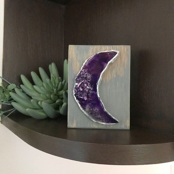 Purple crescent moon shelf decor • Eclectic witchy small gift •