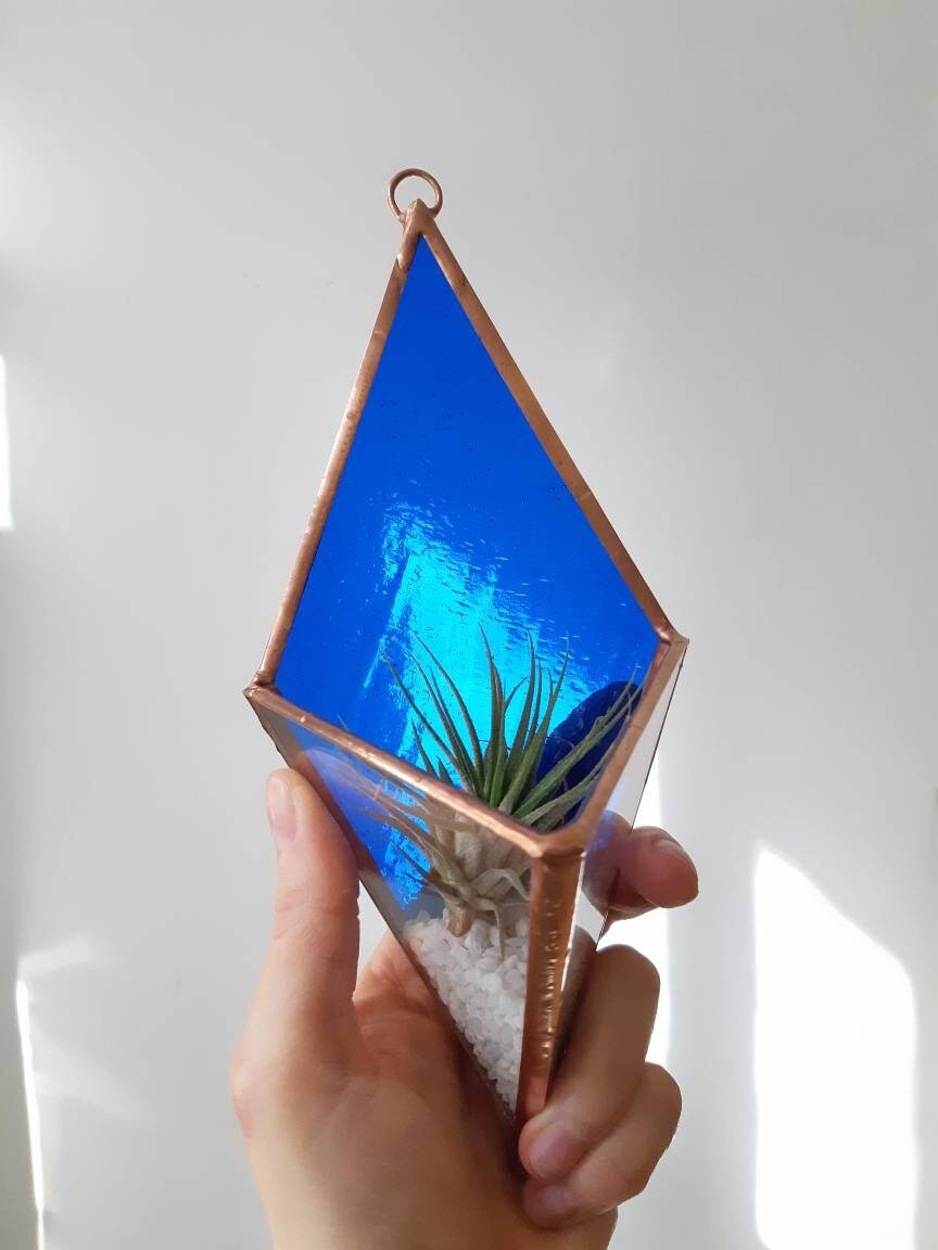 Pot Suspendu Minimaliste Triangle en Verre, Trio Ambre, Décoration Murale, Support de Plané, Cadeau 