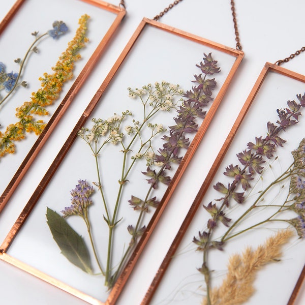 Geperste bloemen fotolijsten, botanische koperen frames, herbarium gedroogde bloemen, wanddecoratie, lente decoratie, Valentijnsdag cadeau