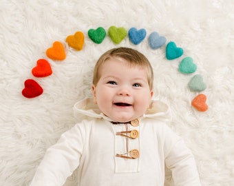 Heart Felt Pom Pom Set | Baby Photo Prop | Heart Wool Felt Pompoms | Heart Felt Balls | Heart Pom Poms | Rainbow Felt Heart Set