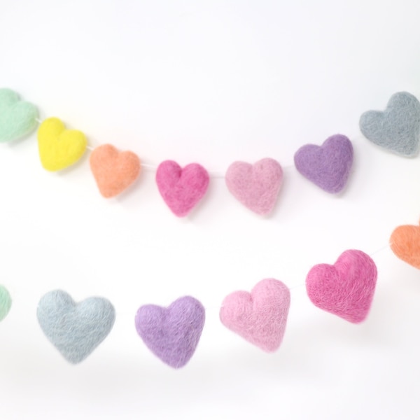 Pastel Rainbow Heart Garland | Felt Heart Garland | Felt Heart Pom Garland | Nursery Wall Decor | Pastel Rainbow Felt Hearts