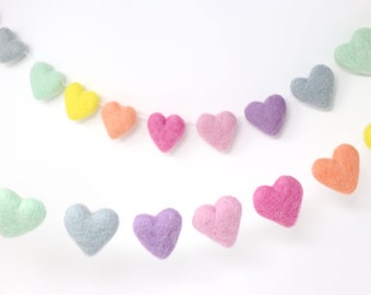 Pastel Rainbow Heart Garland | Felt Heart Garland | Felt Heart Pom Garland | Nursery Wall Decor | Pastel Rainbow Felt Hearts