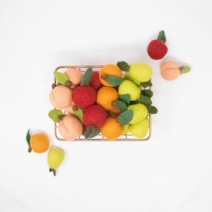 May include: A rectangular copper-colored wire basket filled with assorted needle-felted wool fruits, including red apples, orange oranges, yellow lemons, and peach-colored stone fruits, each featuring small green felt leaves attached to the top.