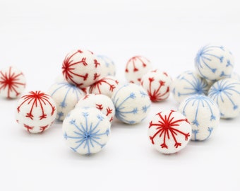 Felt Snowflake Balls | Felted Snow Balls Felt Christmas Garland | Snowflake Garland DIY Christmas Decor | Red Blue Heather White