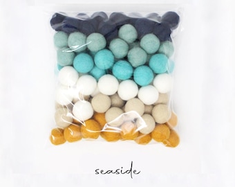 Seaside Felt Balls Wholesale | Navy Dark Mint Aqua White Almond Mustard Wool Felt Poms