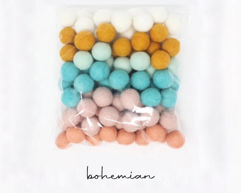 Pompones de fieltro bohemios al por mayor / Pompones de fieltro de lana color blanco mostaza menta claro aguamarina rubor claro rubor imagen 1