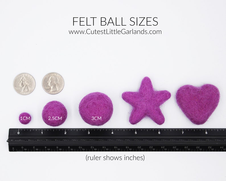 May include: A display of felt ball sizes, ranging from 1 cm to 3 cm, alongside star and heart shapes. The image includes a ruler showing inches and the text "FELT BALL SIZES" and "www.CutestLittleGarlands.com".