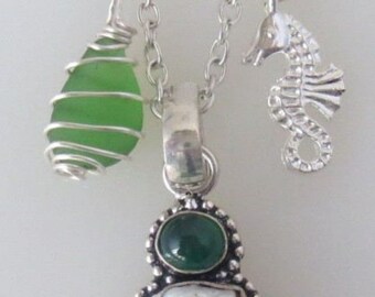 Northwest Green Sea Glass, Aquamarine, Pearl & Green Quartz, Seahorse Charm Necklace Handmade