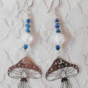 Earrings Mushroom Charms Laser Cut Stainless Steel, Moon & Stars, with Selenite Beads and Blue Crystals, Handmade Gift