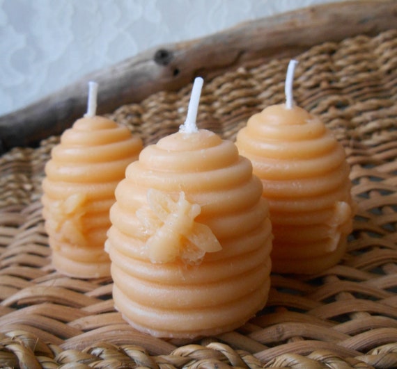 Candles Beeswax Beehive Shape Votives Choose Natural Honey Scent or Lavender Essential Oil, Bee Skep Set of 3 Handmade Gift Aromatherapy