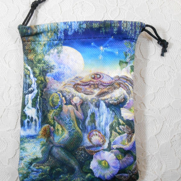 Cancer Sun Sign Bag Tarot or Oracle Cards Deck 5" x 7" Astrology Sign The Crab, Moon & Mermaid, Treasure Crystal Pouch for Travel Size Gift