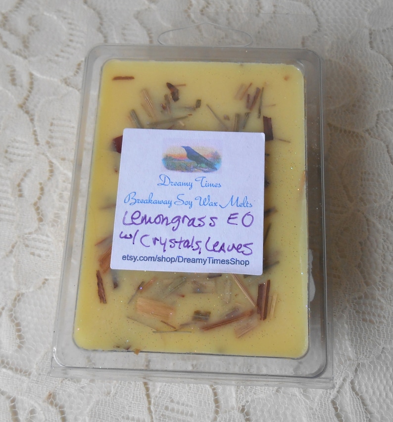 3 oz Aromatherapy Smokeless Candle Infused with Quartz Crystals /& Dried Lemongrass Lemongrass EO Soy Wax Breakaway Tart Melts in Yellow