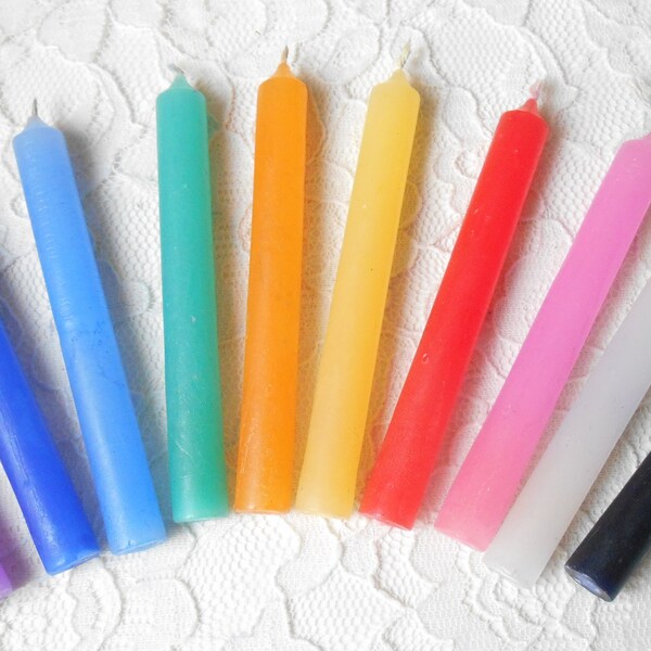 Candles Set of 10 Spell, Prayer, Chakra or Chime In Organza Bag Tapers 4" x 1/2", Rainbow of 8 Colors, White & Black Holidays Ceremony Altar