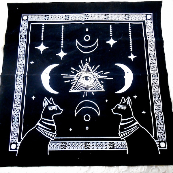 Tarot Cloth Egyptian Cat Pyramid Moons Stars, White on Black Velveteen 19" Square for Readings Oracle Mat Altar Card Wrap or Layout Pad